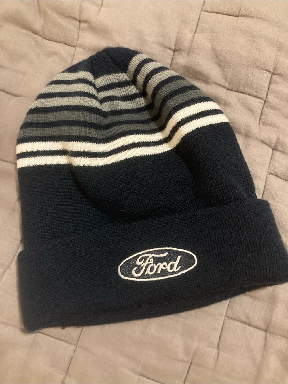 Ford Navy, Gray and White Striped Knit Beanie